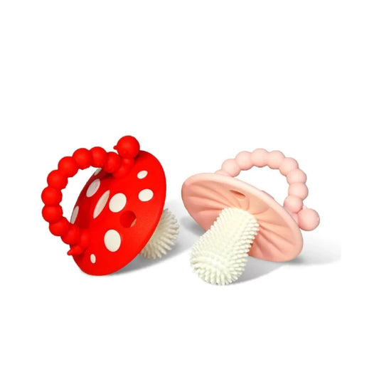 RaZBaby Chompy Mushroom Silicone Teether 2 Pack(Red and Pink)