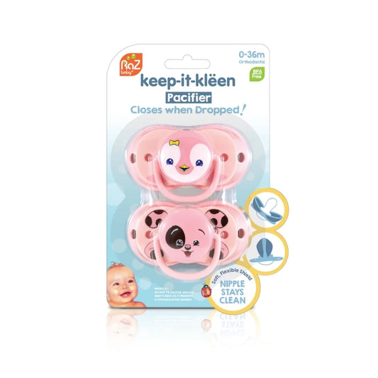 RaZbaby Keep-It-Kleen Pacifier 2pack(Pink Penguin and Puppy)