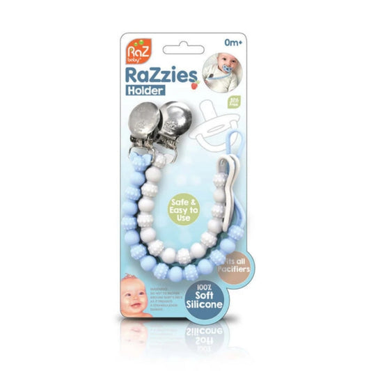 RaZbaby RaZzies Silicone Pacifier/Teether Holder 2PK(Blue & Gray)