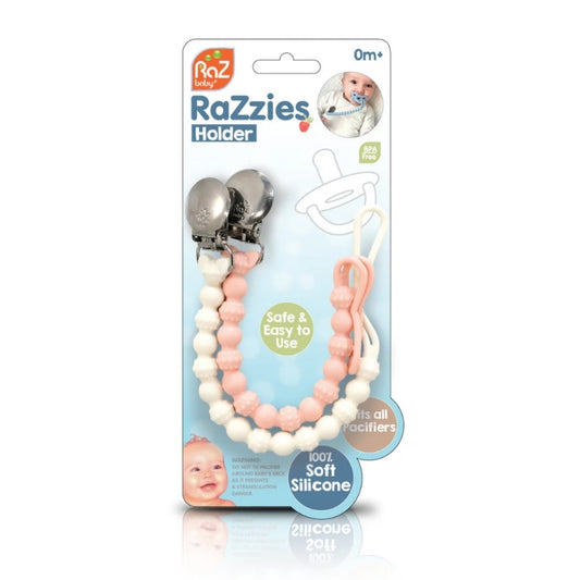 RaZbaby RaZzies Silicone Pacifier/Teether Holder 2PK(Pink & White)